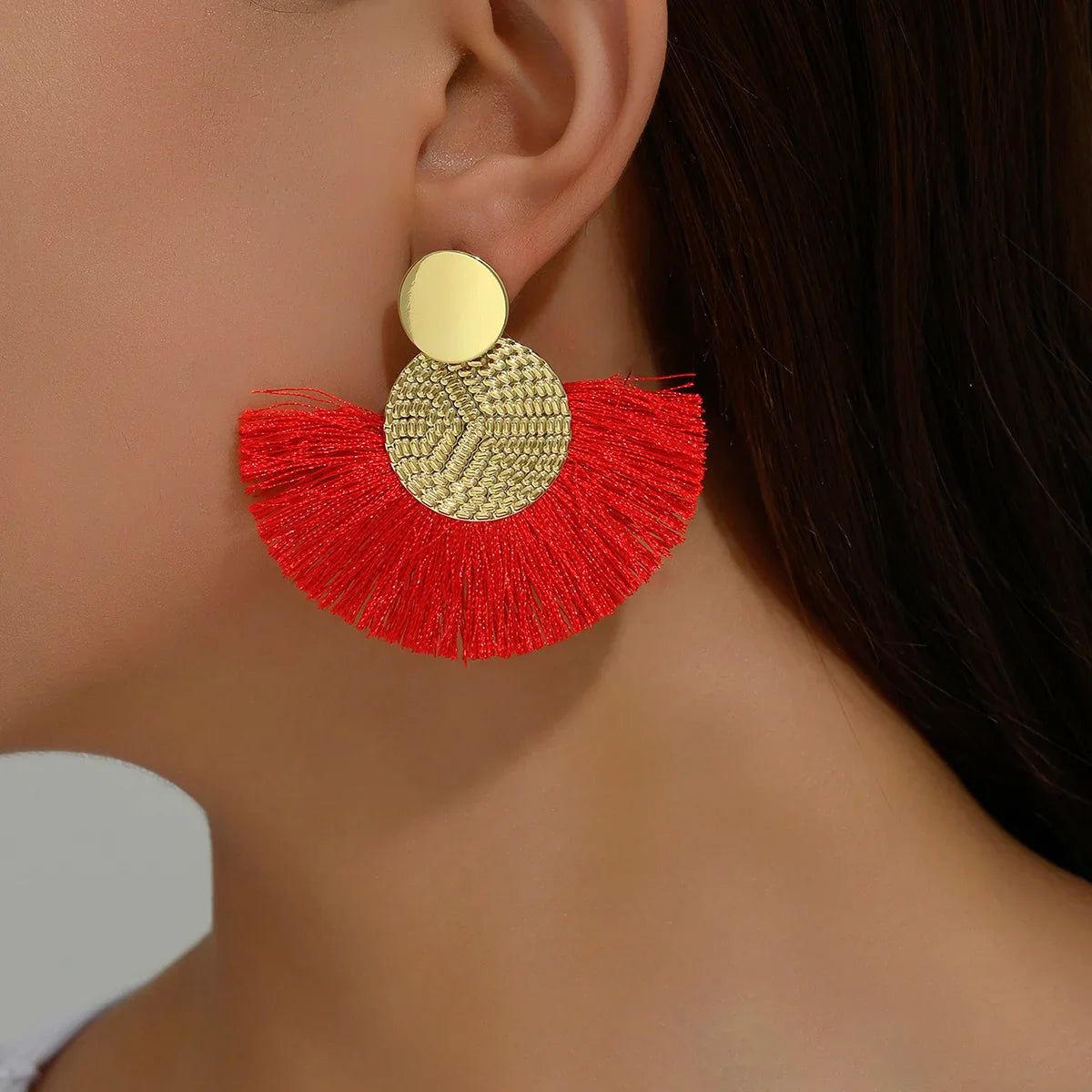 Bohemian Style Fan Dangling Earrings in Red