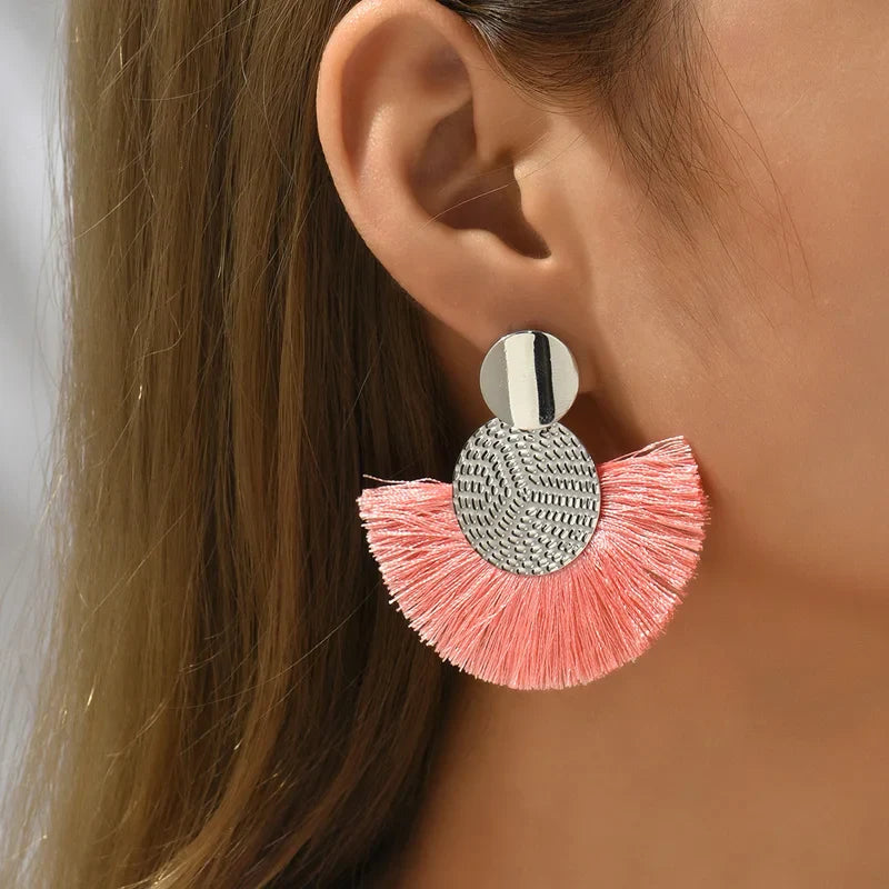Bohemian Style Fan Dangling Earrings in Pink