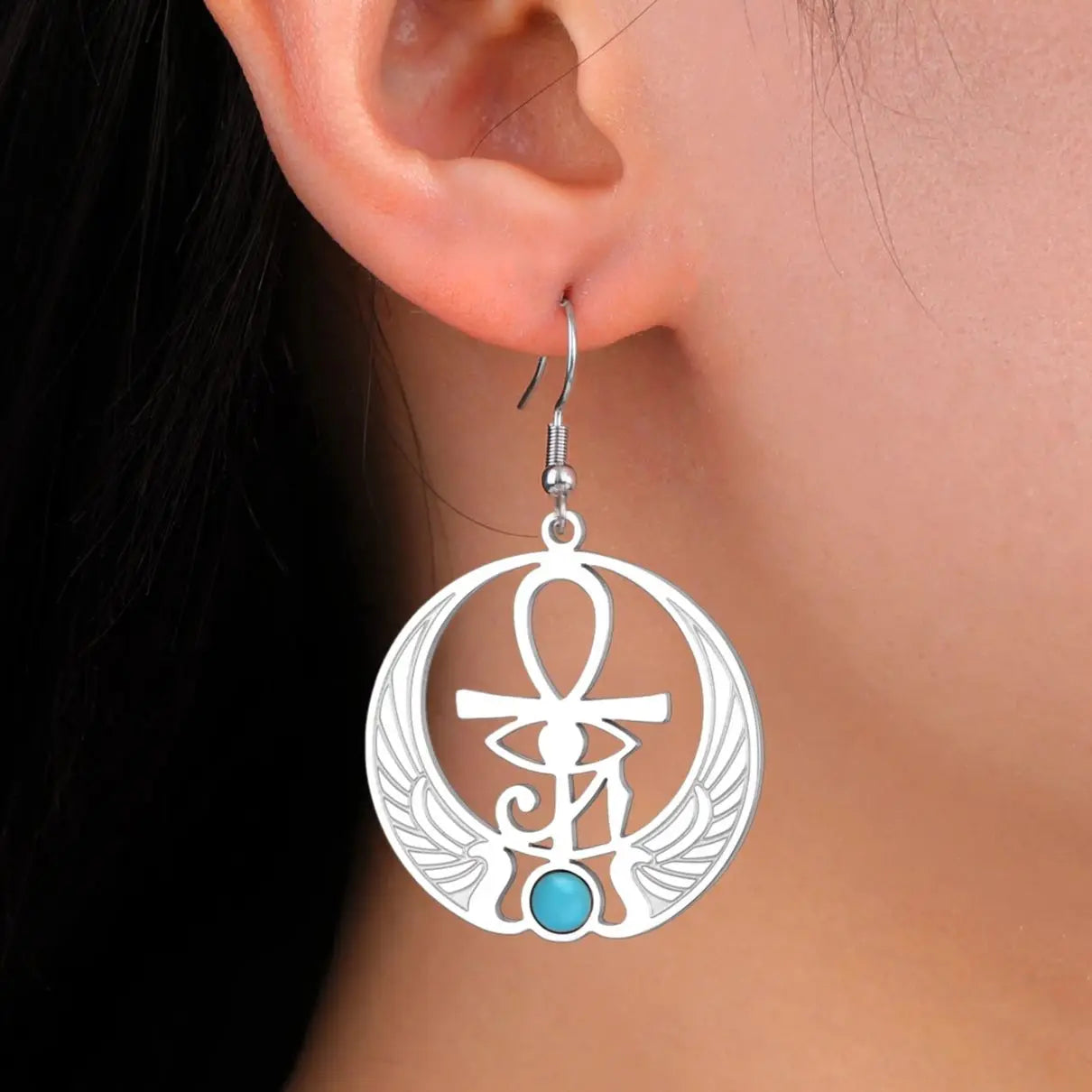 Egypt Eye of Horus Oudjat Silver Dangling Earrings