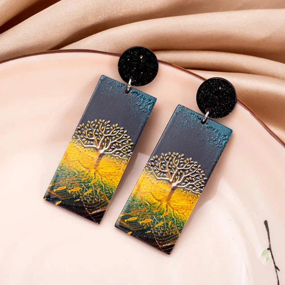 Acrylic Tree of Life Dangling Earrings