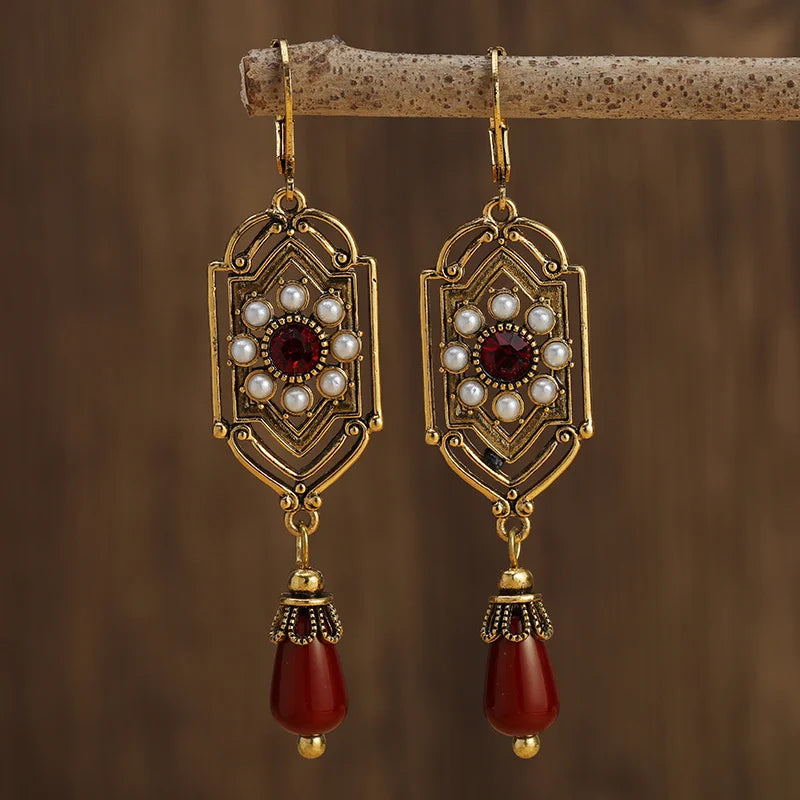 Asymmetric Ethnic Dangling Earrings red