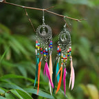 Ethnic Dangling Earrings Colored Feathers Woman silver