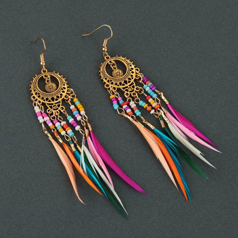 Ethnic Dangling Earrings Colored Feathers Woman gold