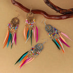 Ethnic Dangling Earrings Colored Feathers Woman silver