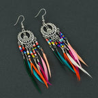 Ethnic Dangling Earrings Colored Feathers Woman silver