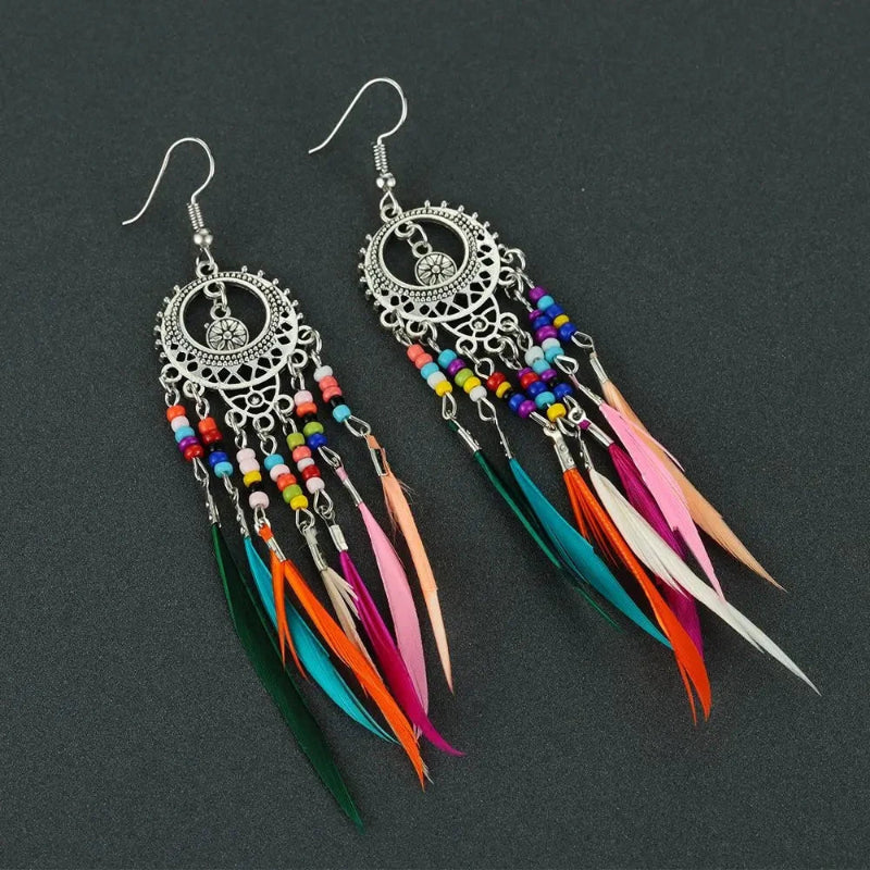 Ethnic Dangling Earrings Colored Feathers Woman silver