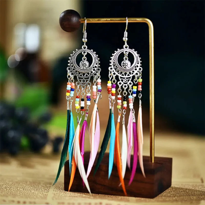 Ethnic Dangling Earrings Colored Feathers Woman silver