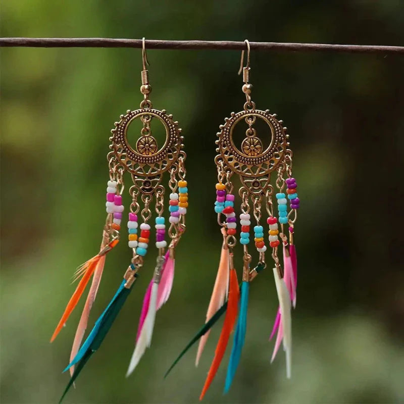 Ethnic Dangling Earrings Colored Feathers Woman gold
