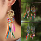 Ethnic Dangling Earrings Colored Feathers Woman gold
