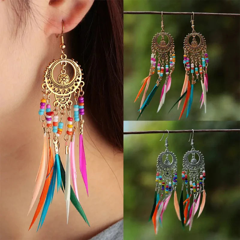 Ethnic Dangling Earrings Colored Feathers Woman gold