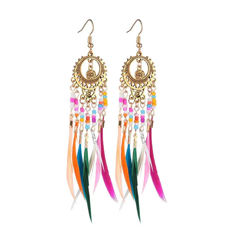 Ethnic Dangling Earrings Colored Feathers Woman gold
