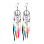 Ethnic Dangling Earrings Colored Feathers Woman silver