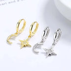 Star and Moon Zircon Silver Dangle Earrings