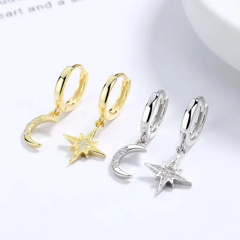 Star and Moon Zircon Silver Dangle Earrings