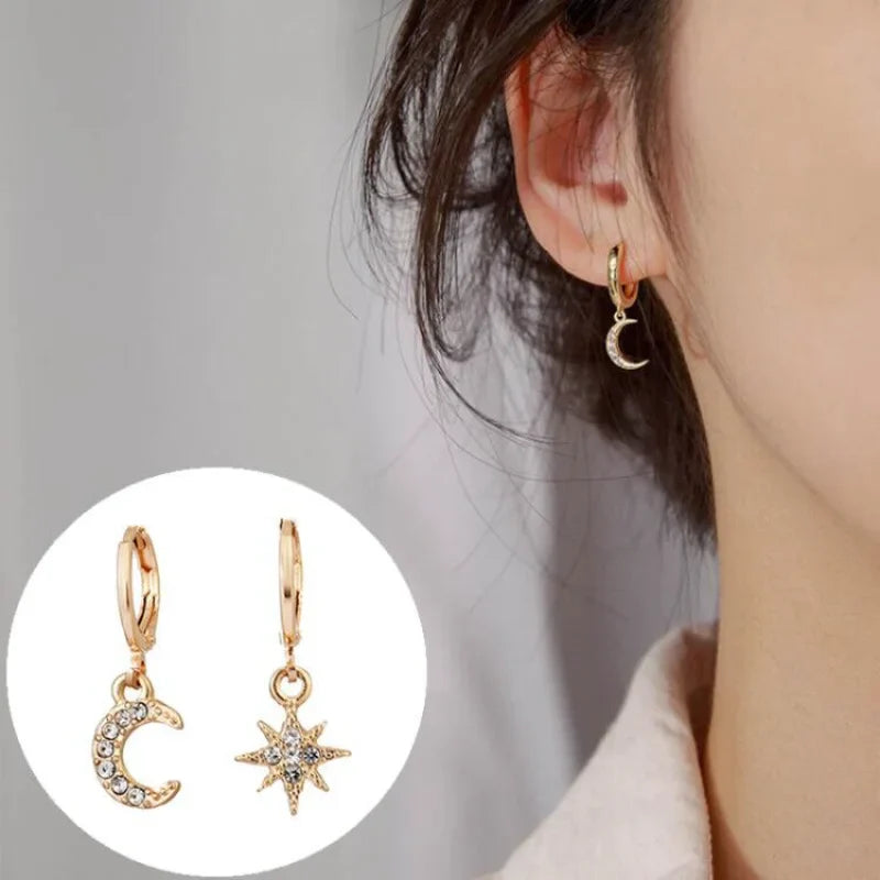 Star and Moon Zircon Gold Dangle Earrings