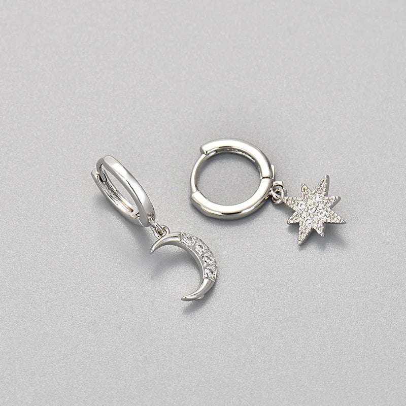 Star and Moon Zircon Silver Dangle Earrings