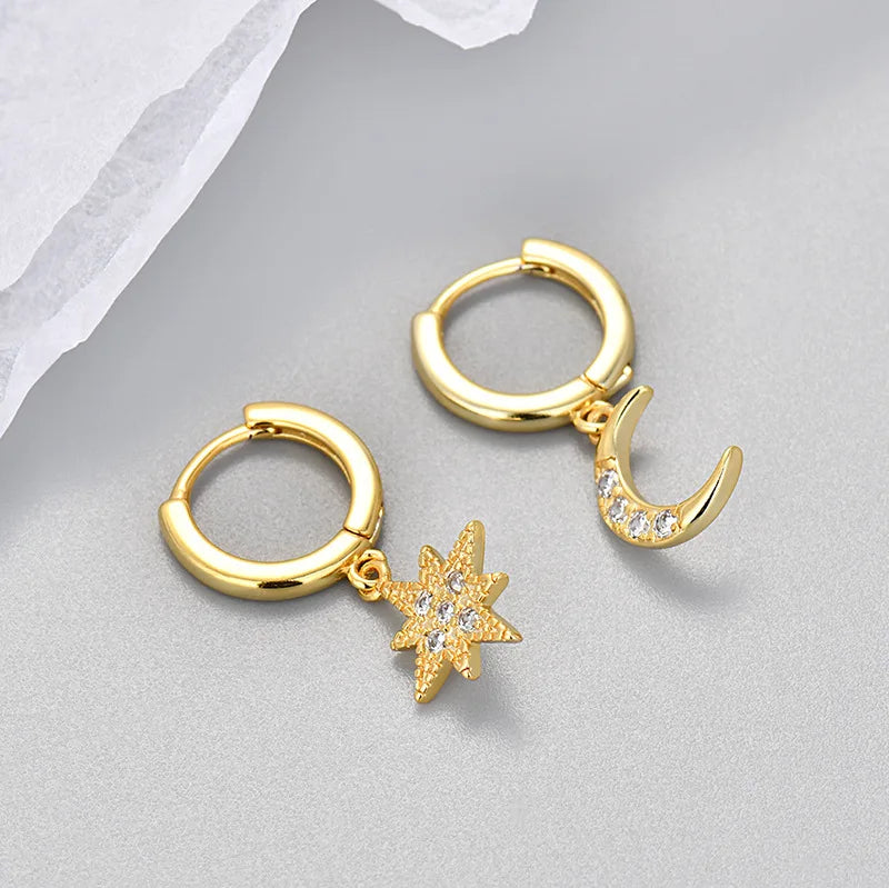 Star and Moon Zircon Gold Dangle Earrings