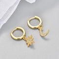Star and Moon Zircon Gold Dangle Earrings