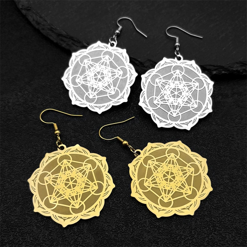 Women's Hanging Earrings Metatron Cube Silver