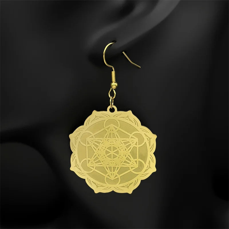 Women's Hanging Earrings Metatron Cube Gold