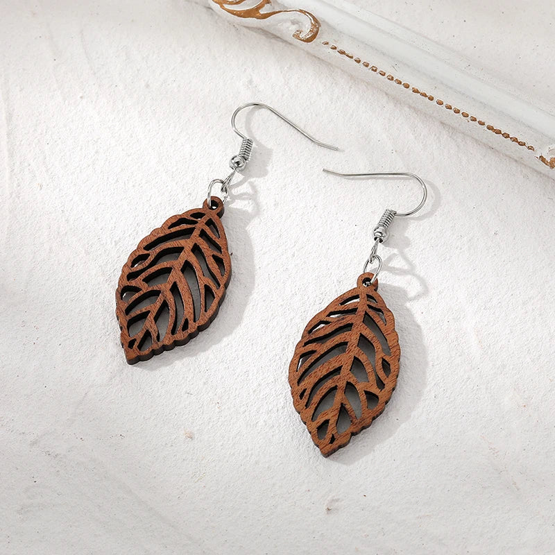 Wooden Laurel Leaf Dangle Earrings