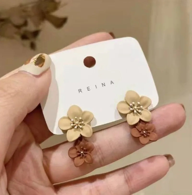 Beige and Brown Flower Dangle Earrings