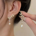 White Crystal Flower Dangle Earrings