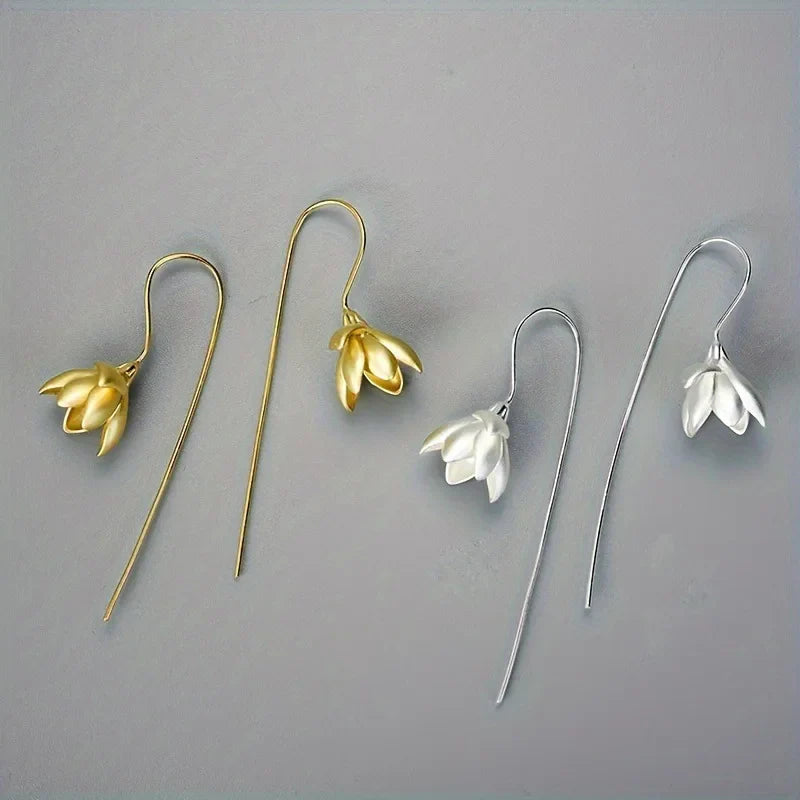 Silver Magnolia Flower Dangle Earrings