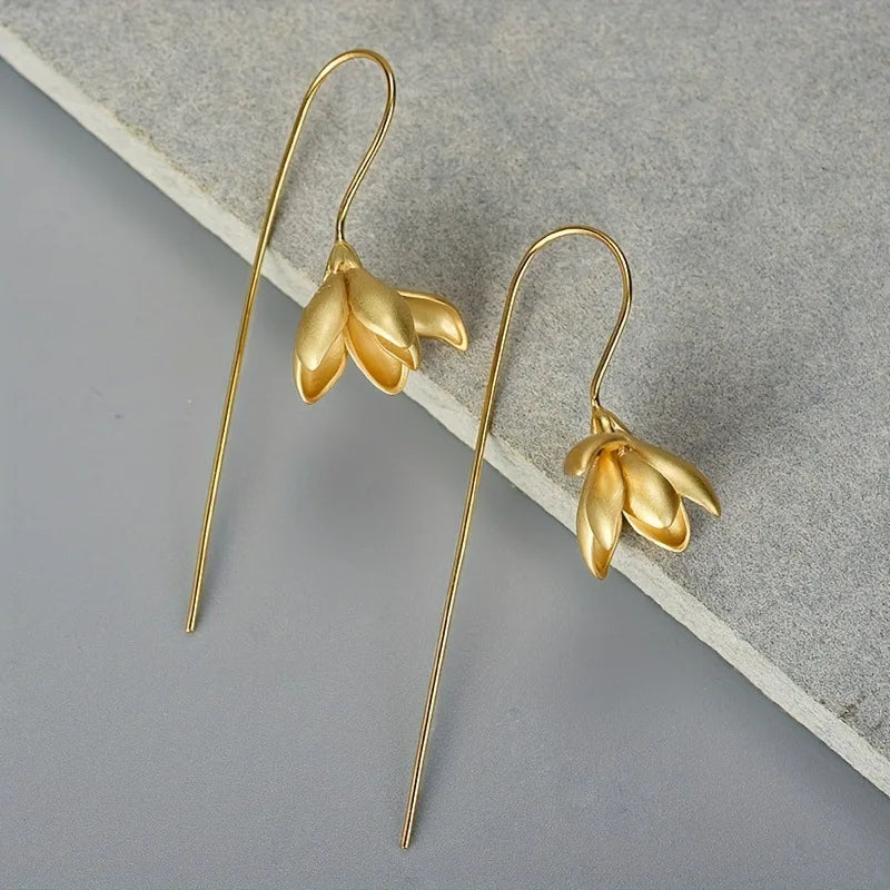 Gold Magnolia Flower Dangle Earrings