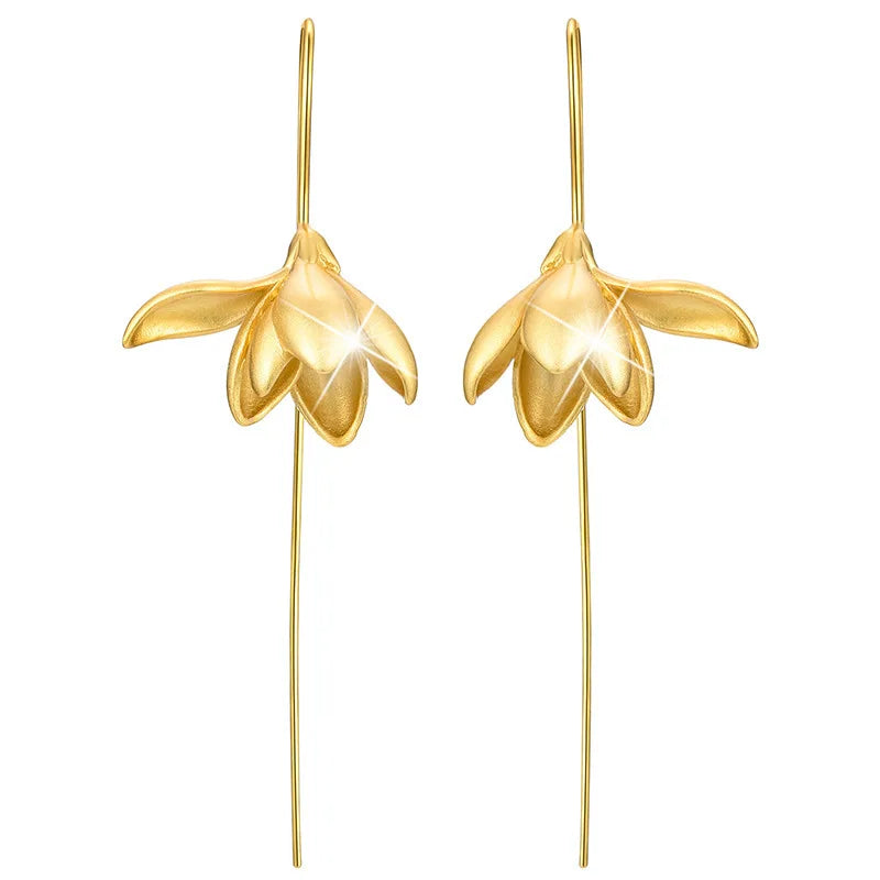Gold Magnolia Flower Dangle Earrings