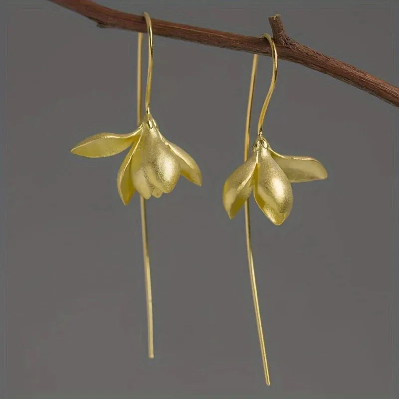 Gold Magnolia Flower Dangle Earrings