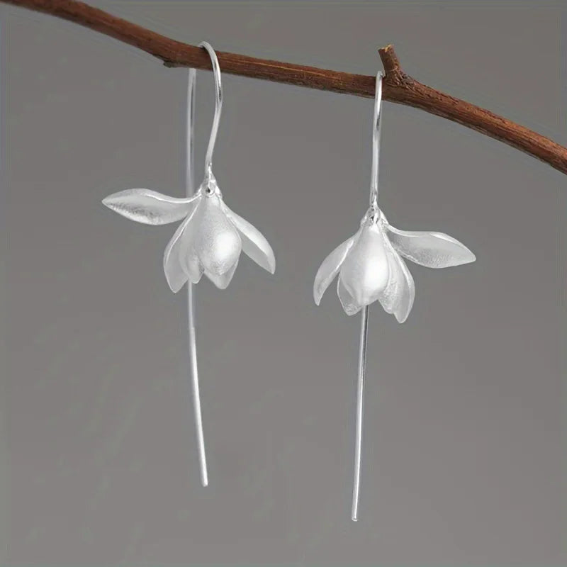 Silver Magnolia Flower Dangle Earrings