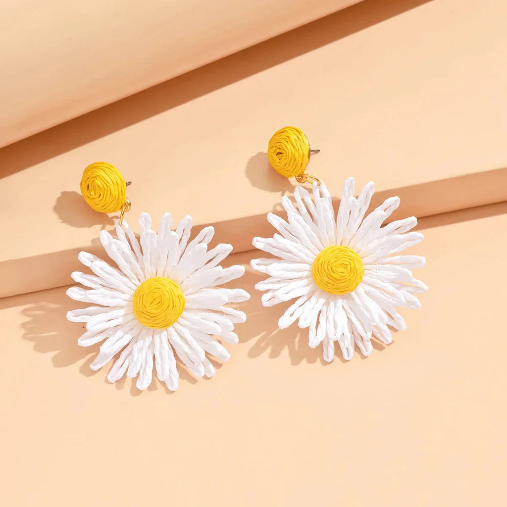 White and Yellow Daisy Flower Dangle Earrings