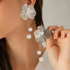 Flower and Silver Pearl Dangle Earrings