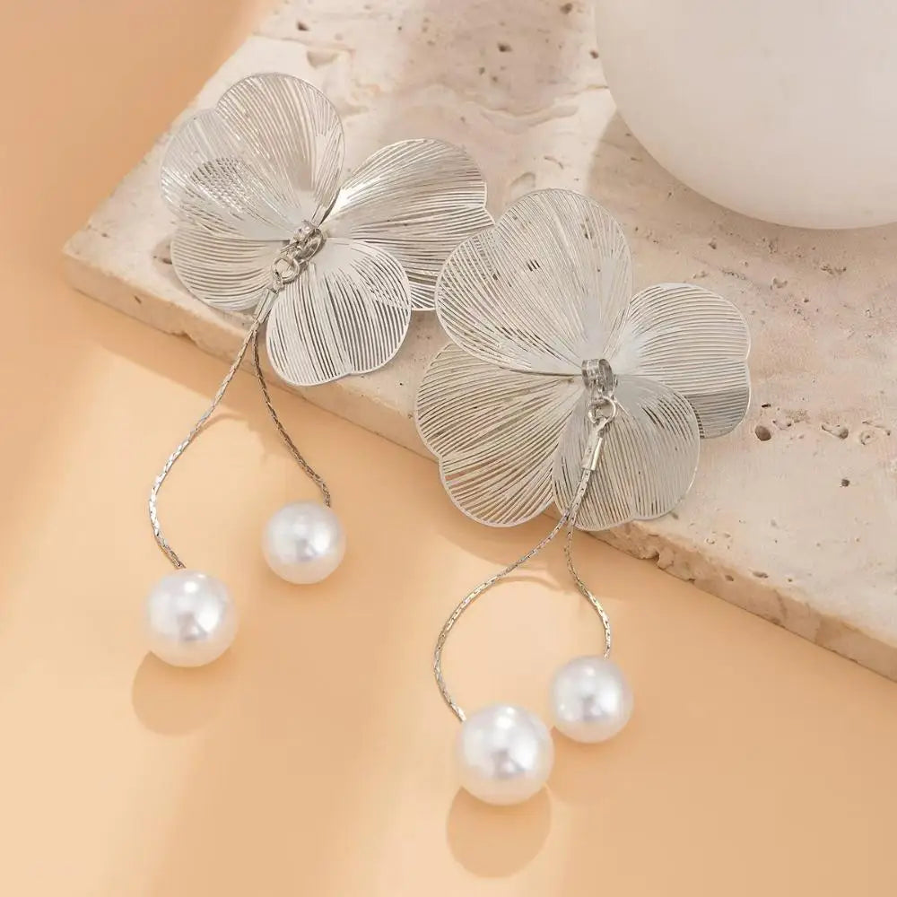 Flower and Silver Pearl Dangle Earrings