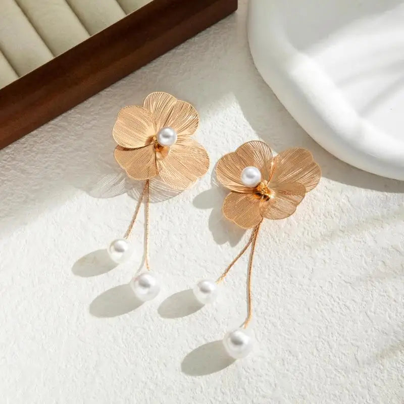 Flower and Gold Pearl Dangle Earrings