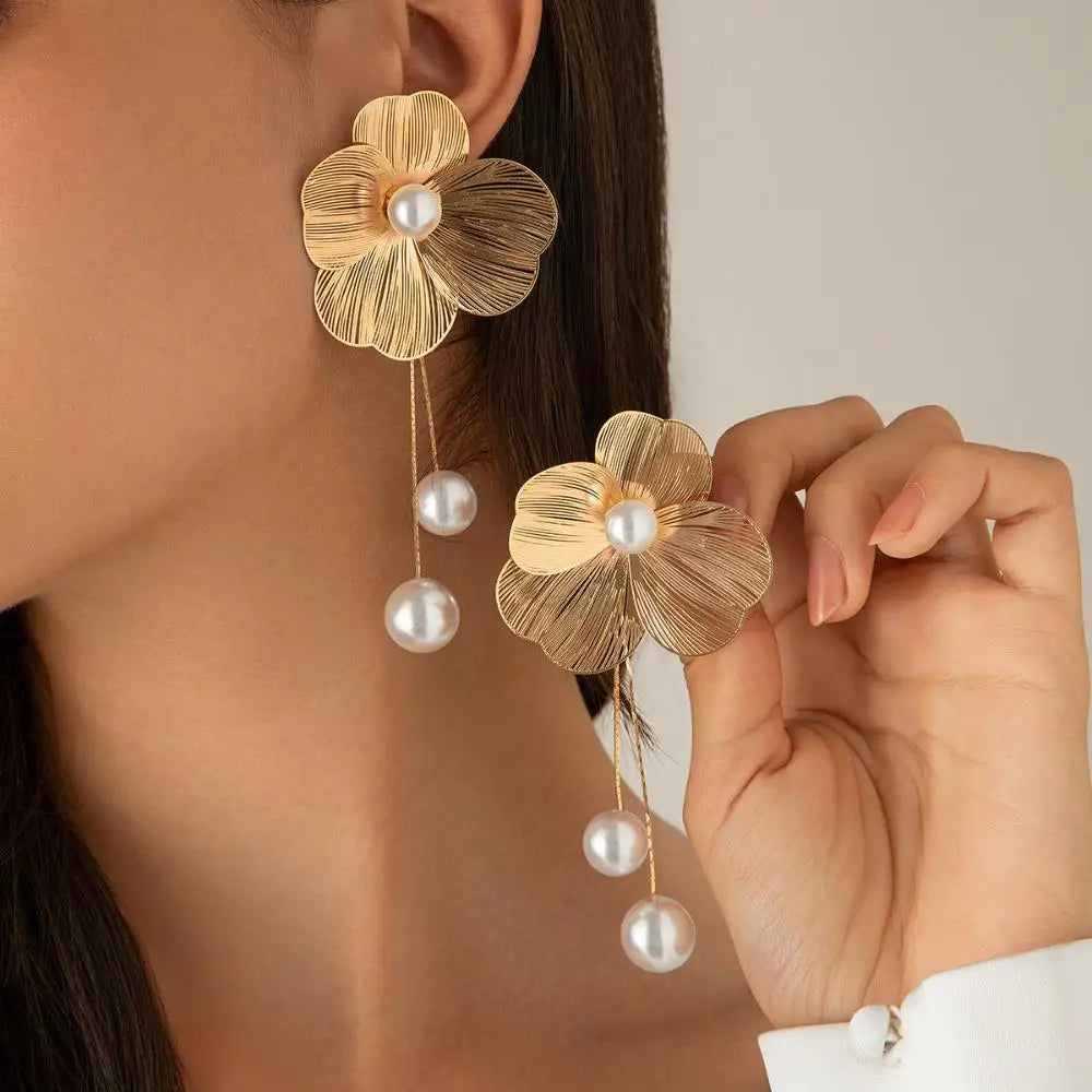 Flower and Gold Pearl Dangle Earrings