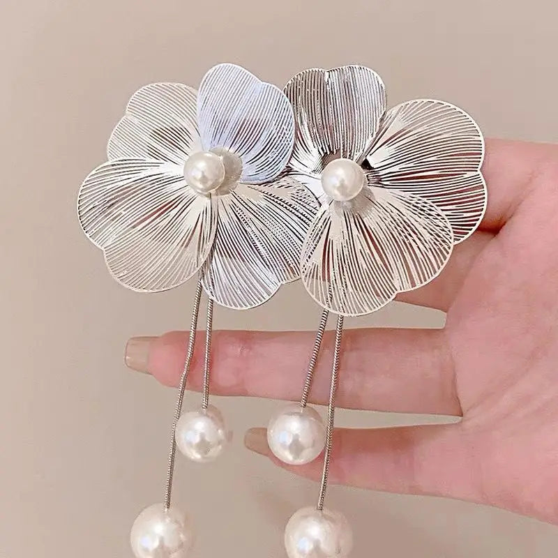Flower and Silver Pearl Dangle Earrings