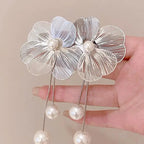 Flower and Silver Pearl Dangle Earrings