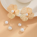 Flower and Gold Pearl Dangle Earrings
