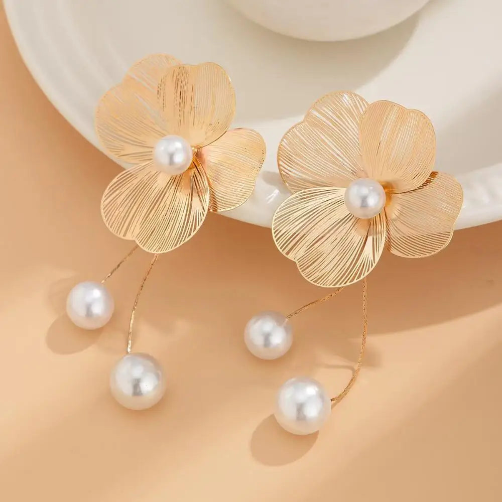 Flower and Gold Pearl Dangle Earrings