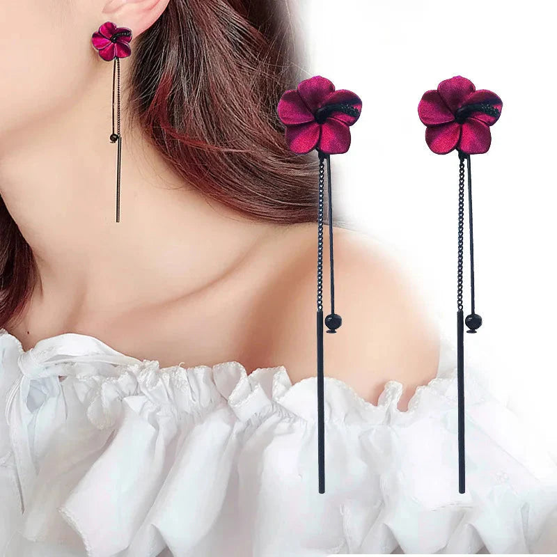 Red Flower Dangling Earrings and Red Chain