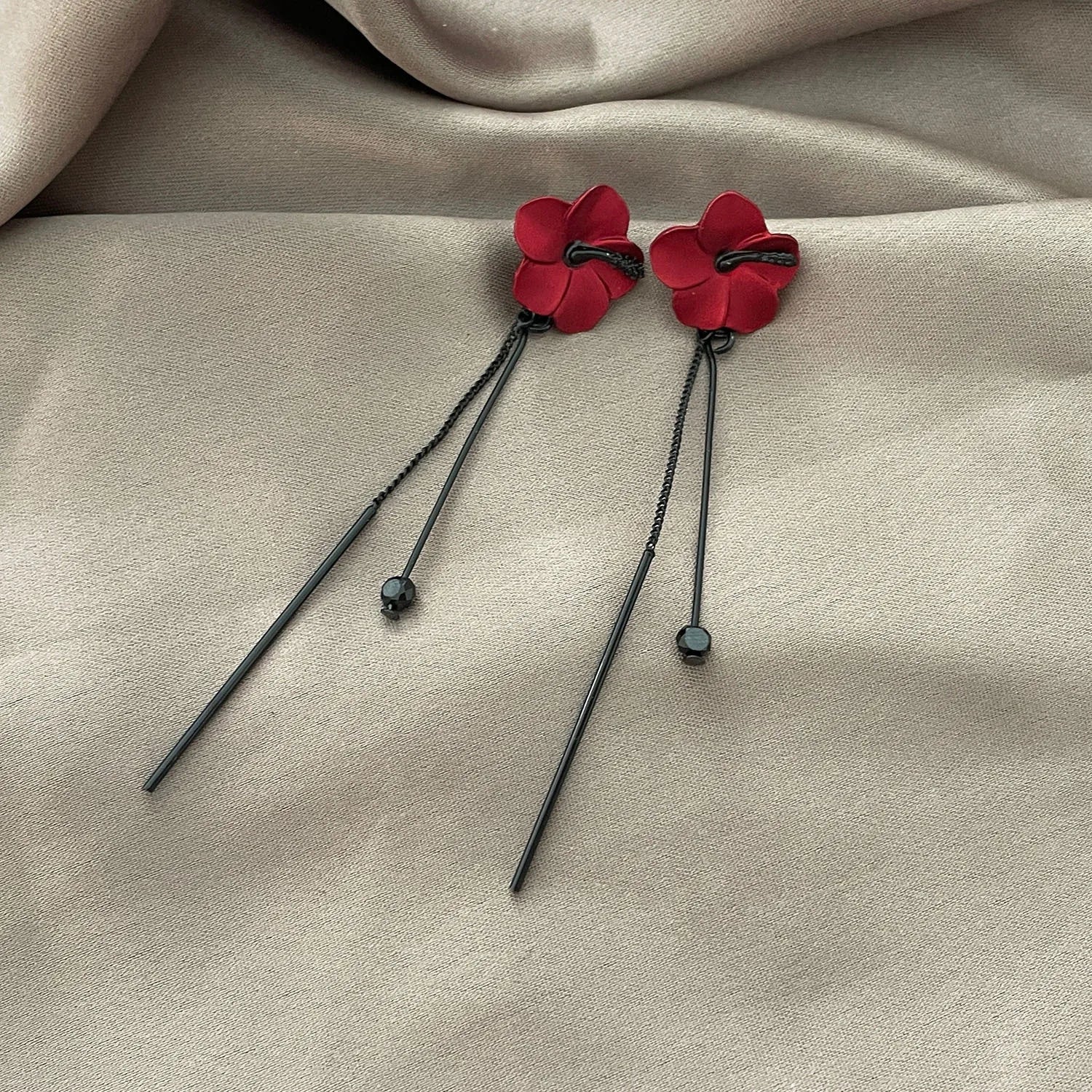 Red Flower Dangling Earrings and Red Chain
