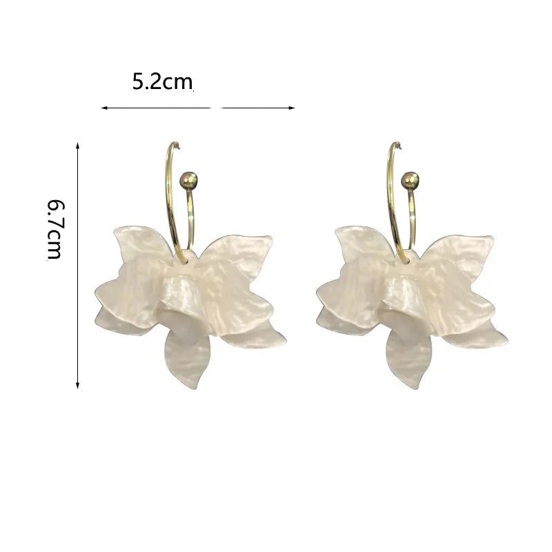 Wide White Flower Hanging Hoop Earrings