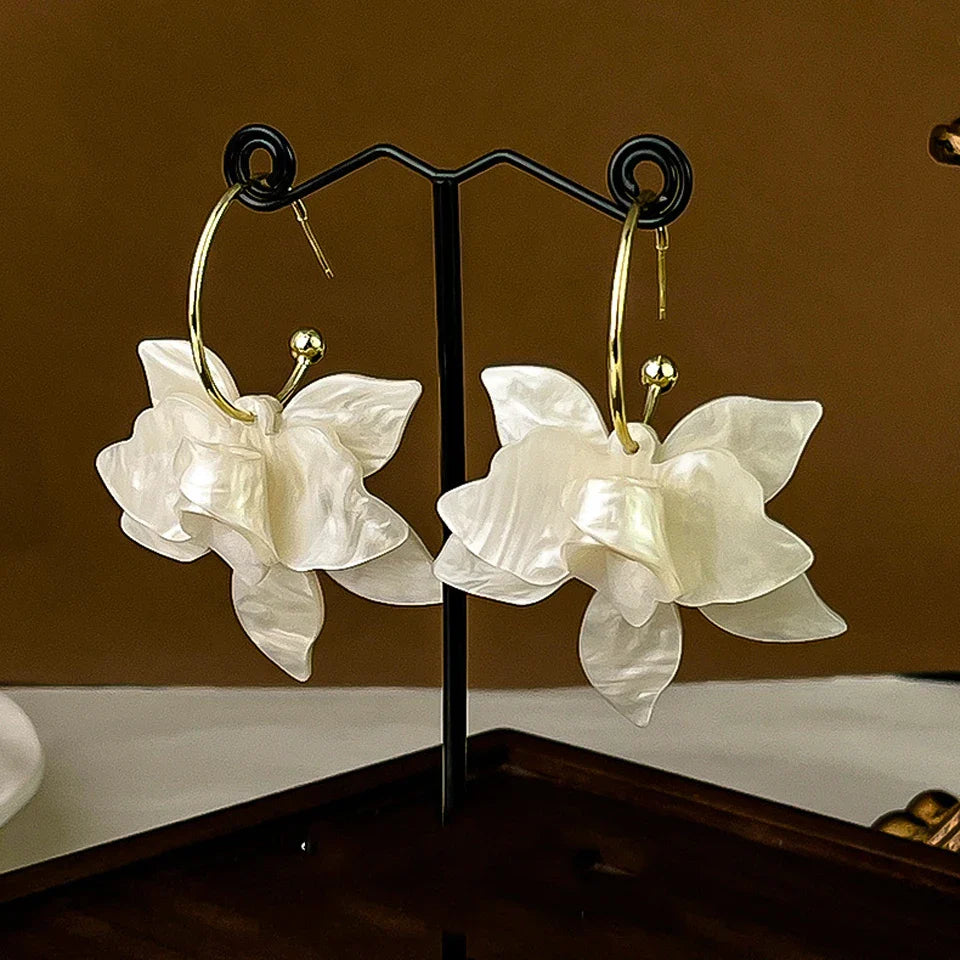 Wide White Flower Hanging Hoop Earrings
