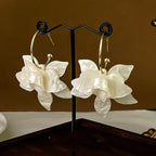Wide White Flower Hanging Hoop Earrings