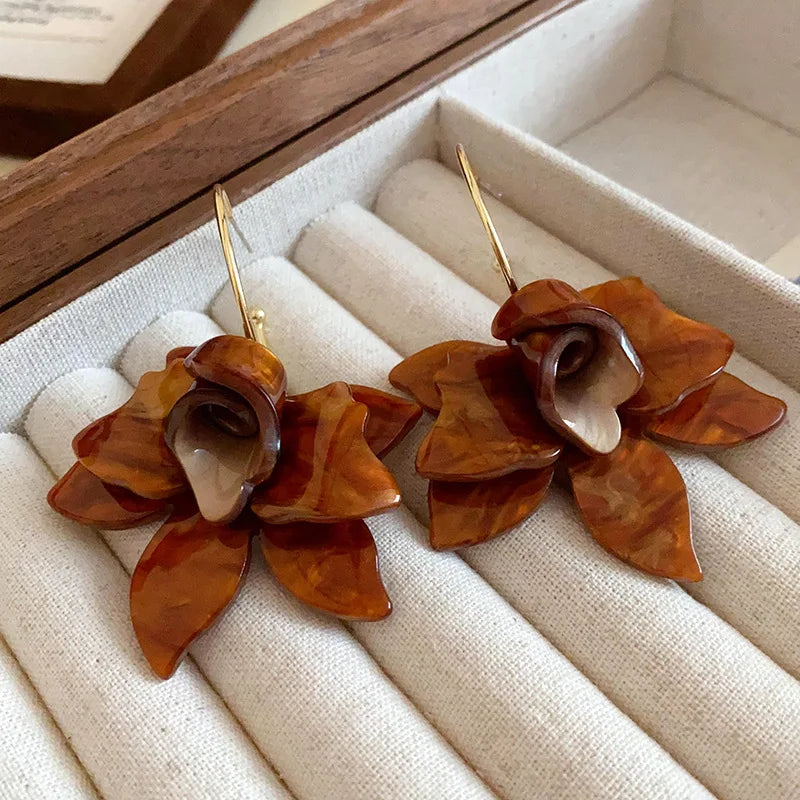 Wide Brown Flower Hanging Hoop Earrings