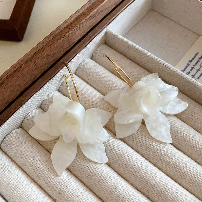 Wide White Flower Hanging Hoop Earrings