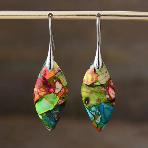 Colored Silver and Green Water Drop Dangle Earrings