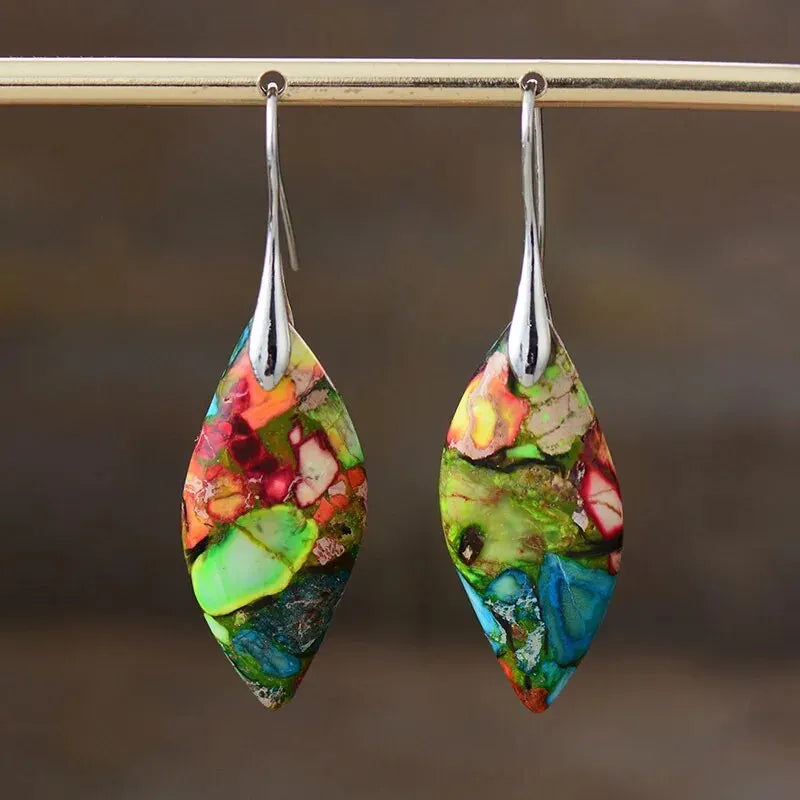 Colored Silver and Green Water Drop Dangle Earrings